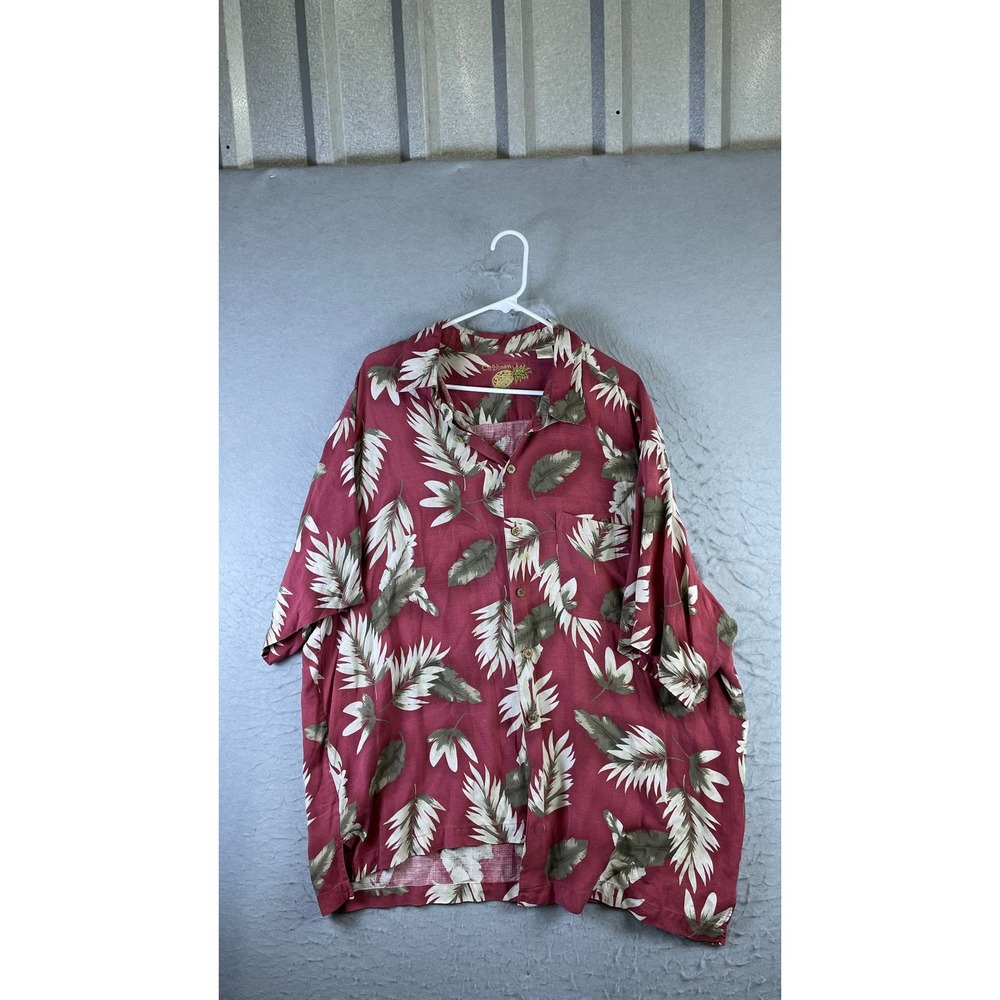 Caribbean Button Up Shirt Mens 2X Red Good Silk Tropical Leaf Short Sleeve